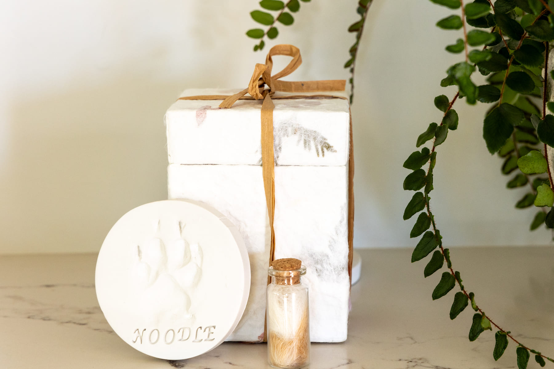 A ceramic box, a round ceramic with paw print, and a glass vial with brown fur.
