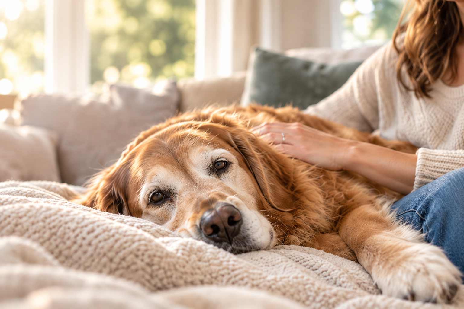 A golden retriever rests on a blanket at home while a family member gently strokes their fur